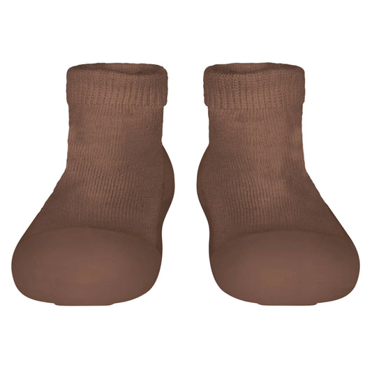 Pair of brown socks on a light gray background