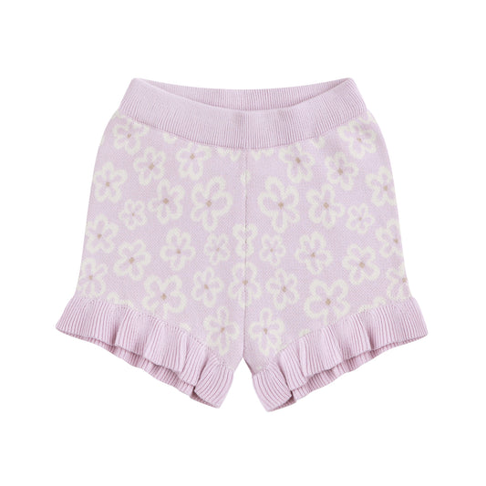 Lavender shorts with a subtle pattern on a white background