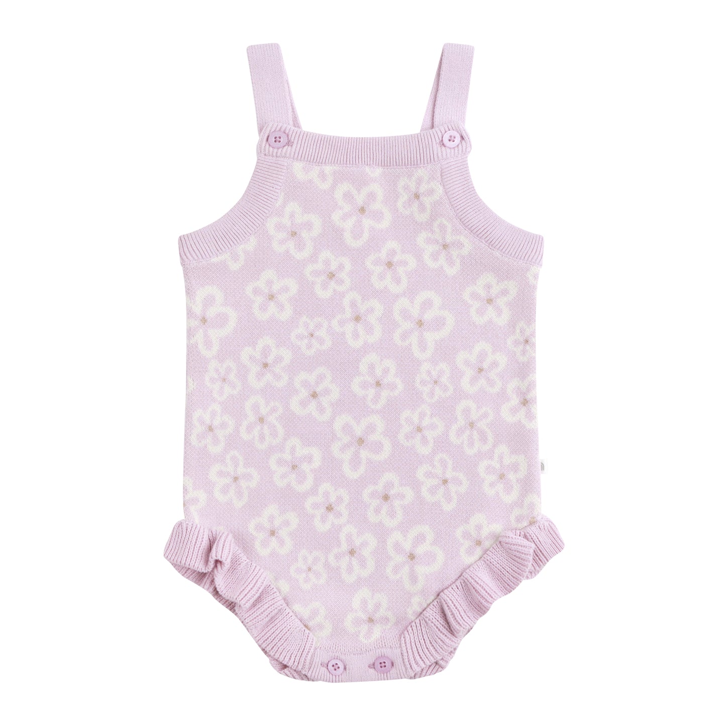 Purple floral baby romper with ruffled bottom on a white background