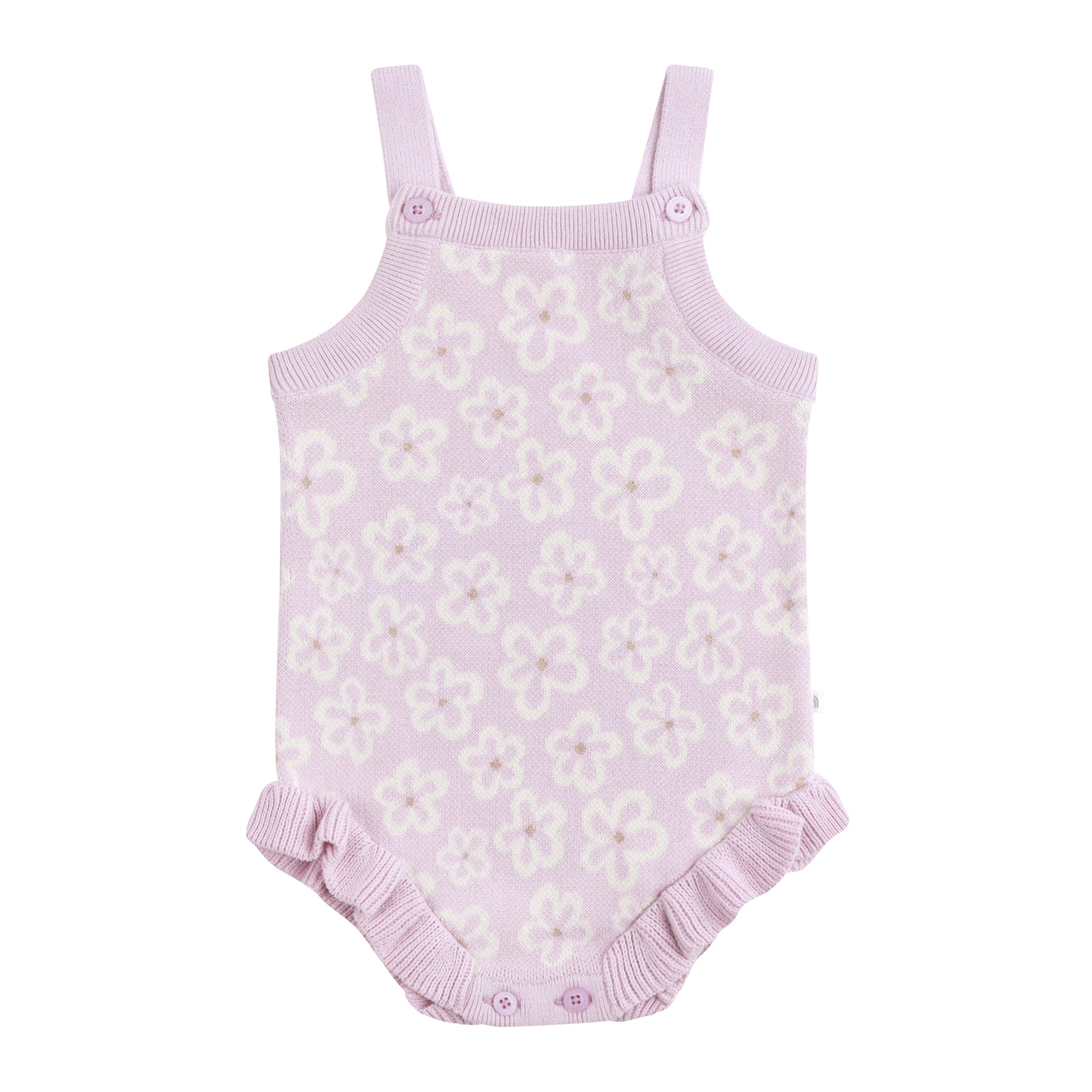 Purple floral baby romper with ruffled bottom on a white background