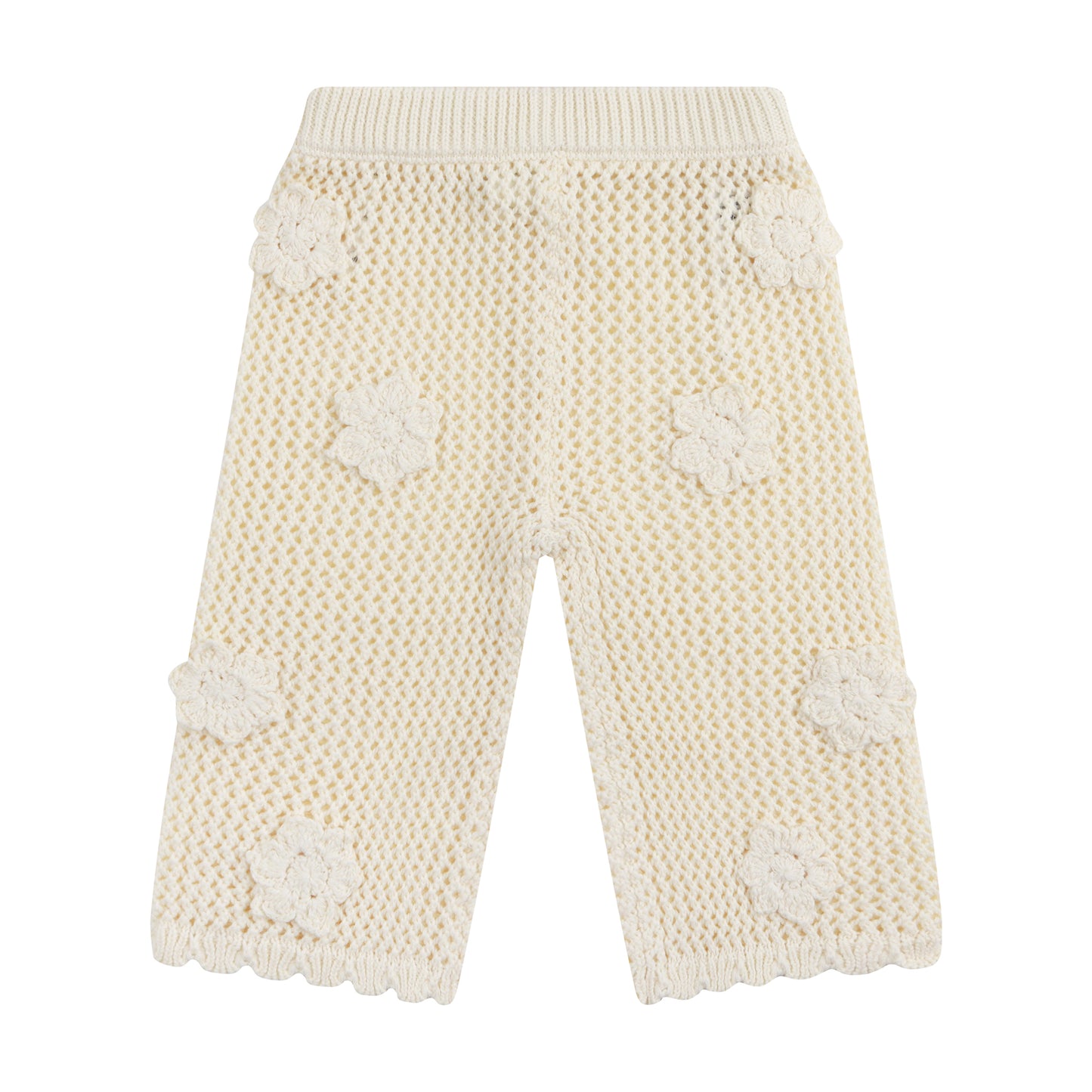 Knitted pants with floral patterns on a white background
