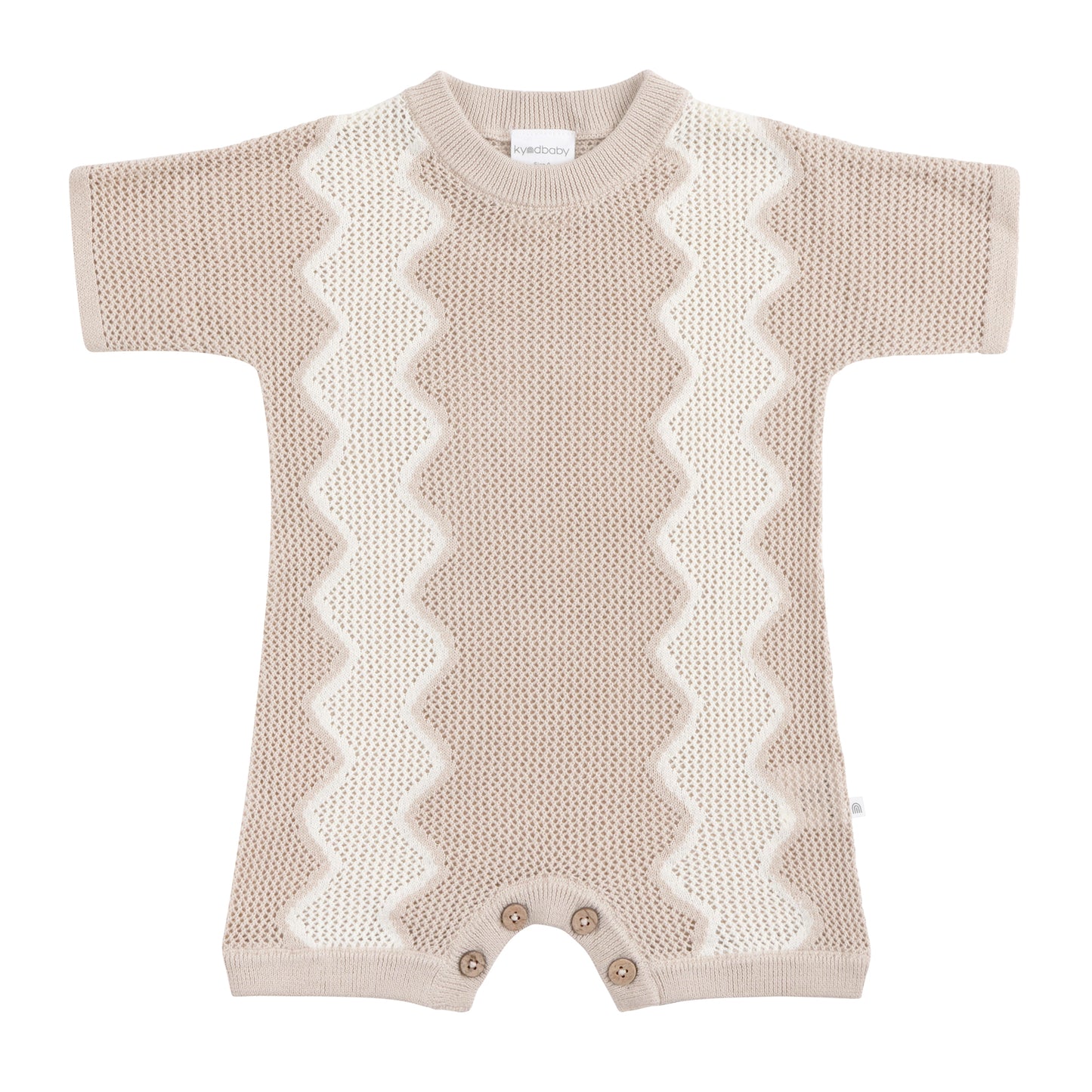 Knitted baby romper with zigzag pattern on a white background
