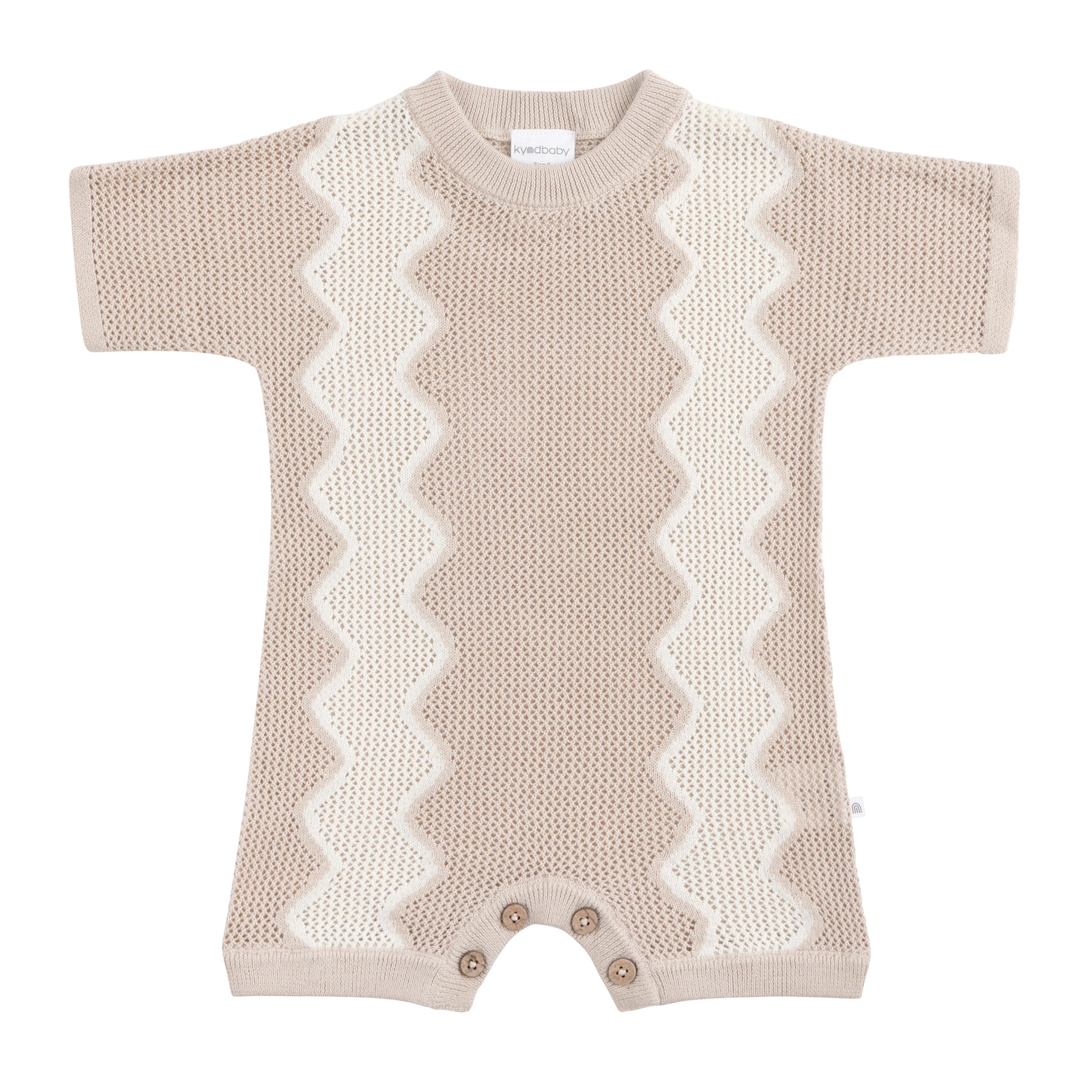 Knitted baby romper with zigzag pattern on a white background
