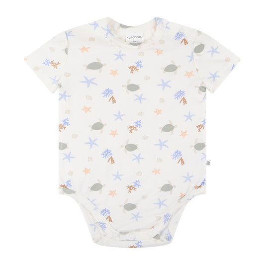 Baby onesie with starfish pattern on a white background