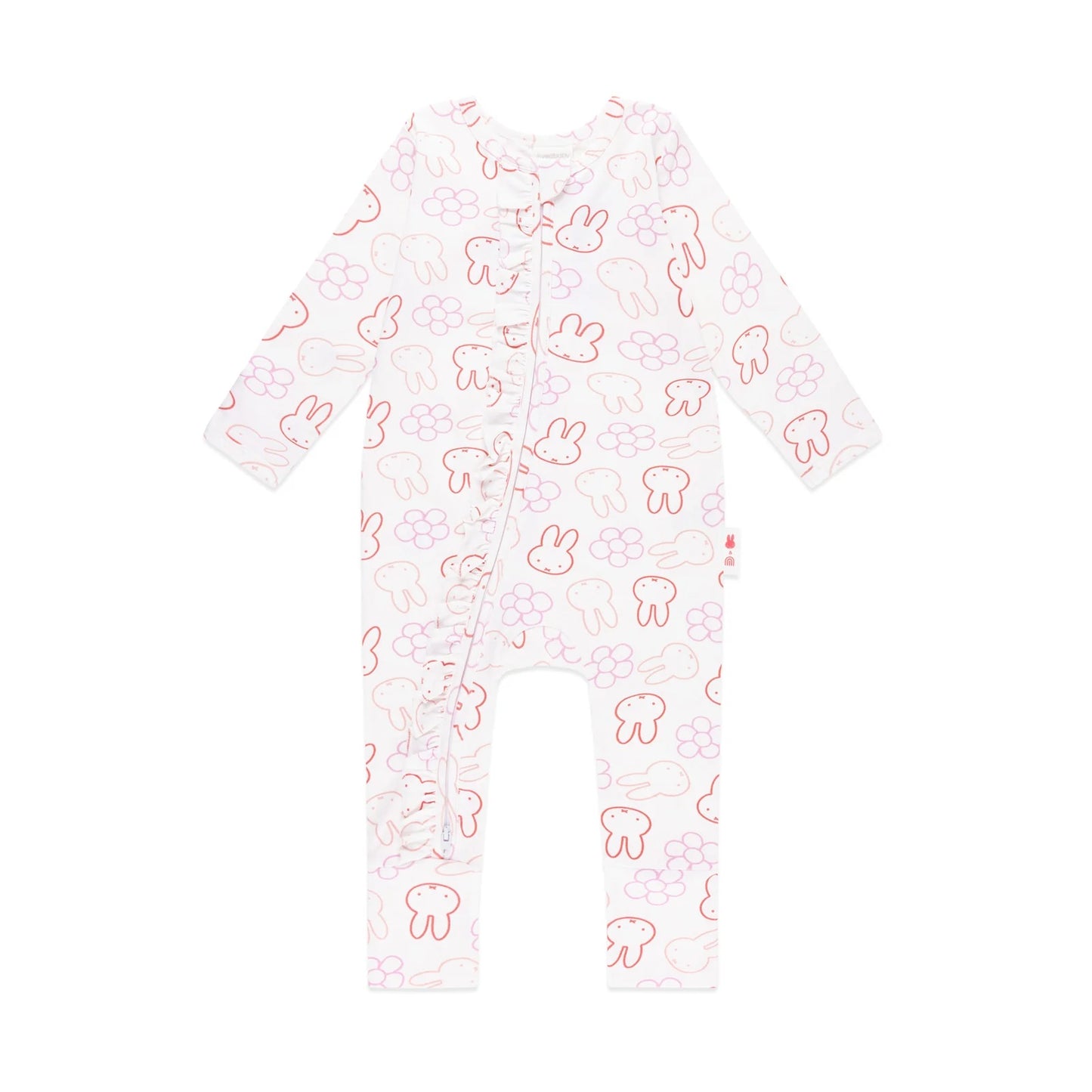 Baby onesie with pink bunny and flower pattern on a white background