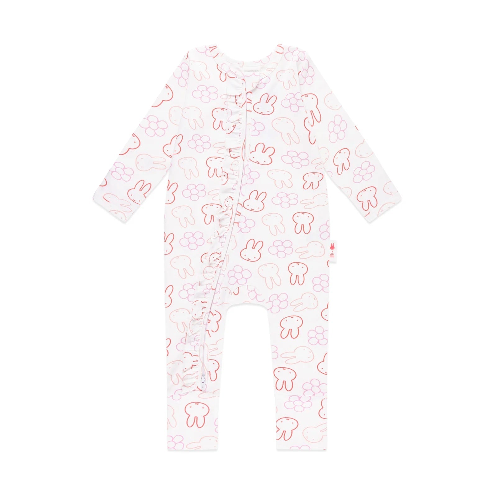 Baby onesie with pink bunny and flower pattern on a white background