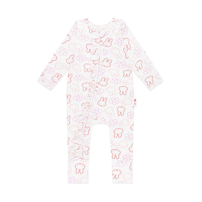 Baby onesie with pink bunny and flower pattern on a white background