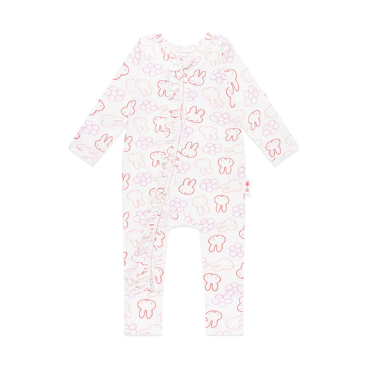 Baby onesie with pink bunny and flower pattern on a white background