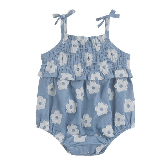 Blue baby romper with white floral pattern on a white background