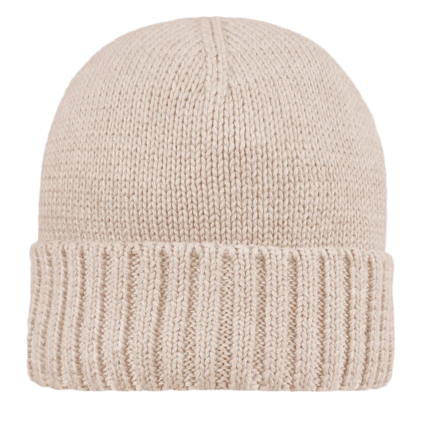 Beige knit beanie on a light gray background