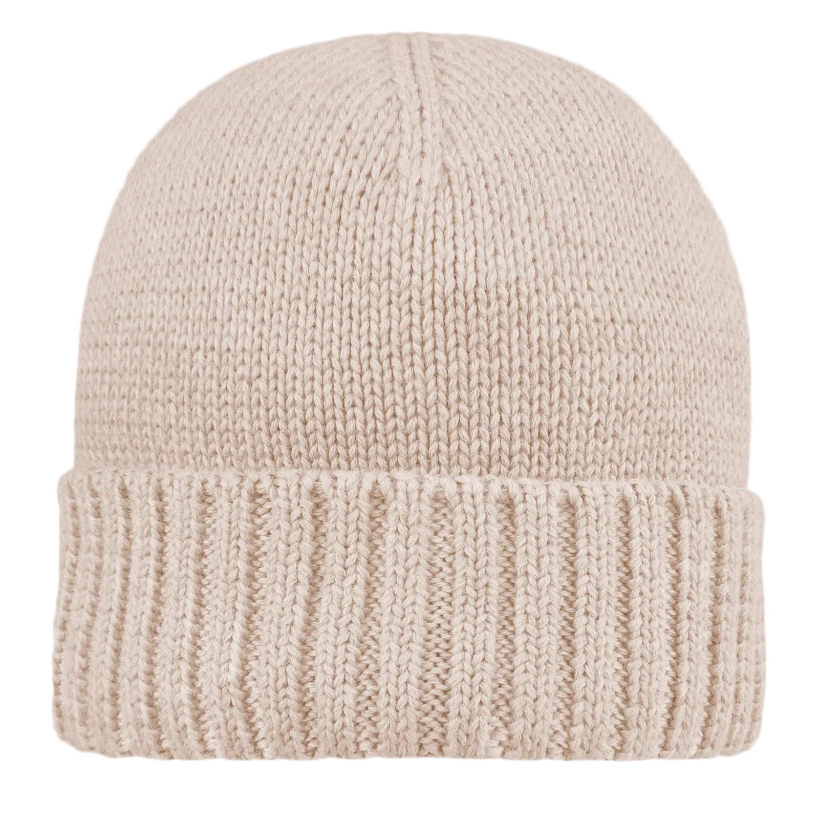 Beige knit beanie on a light gray background