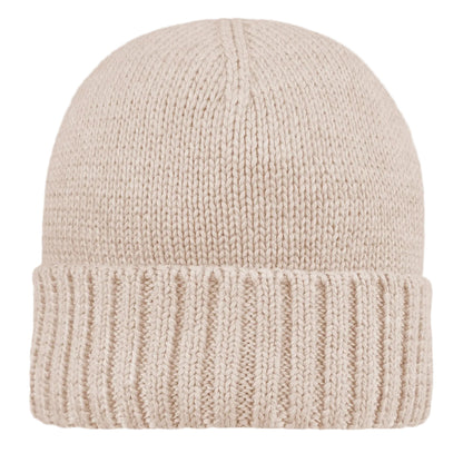 Beige knit beanie on a light gray background