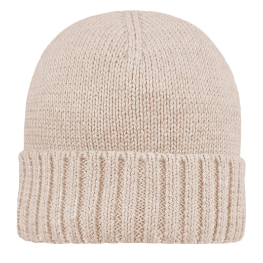 Beige knit beanie on a light gray background