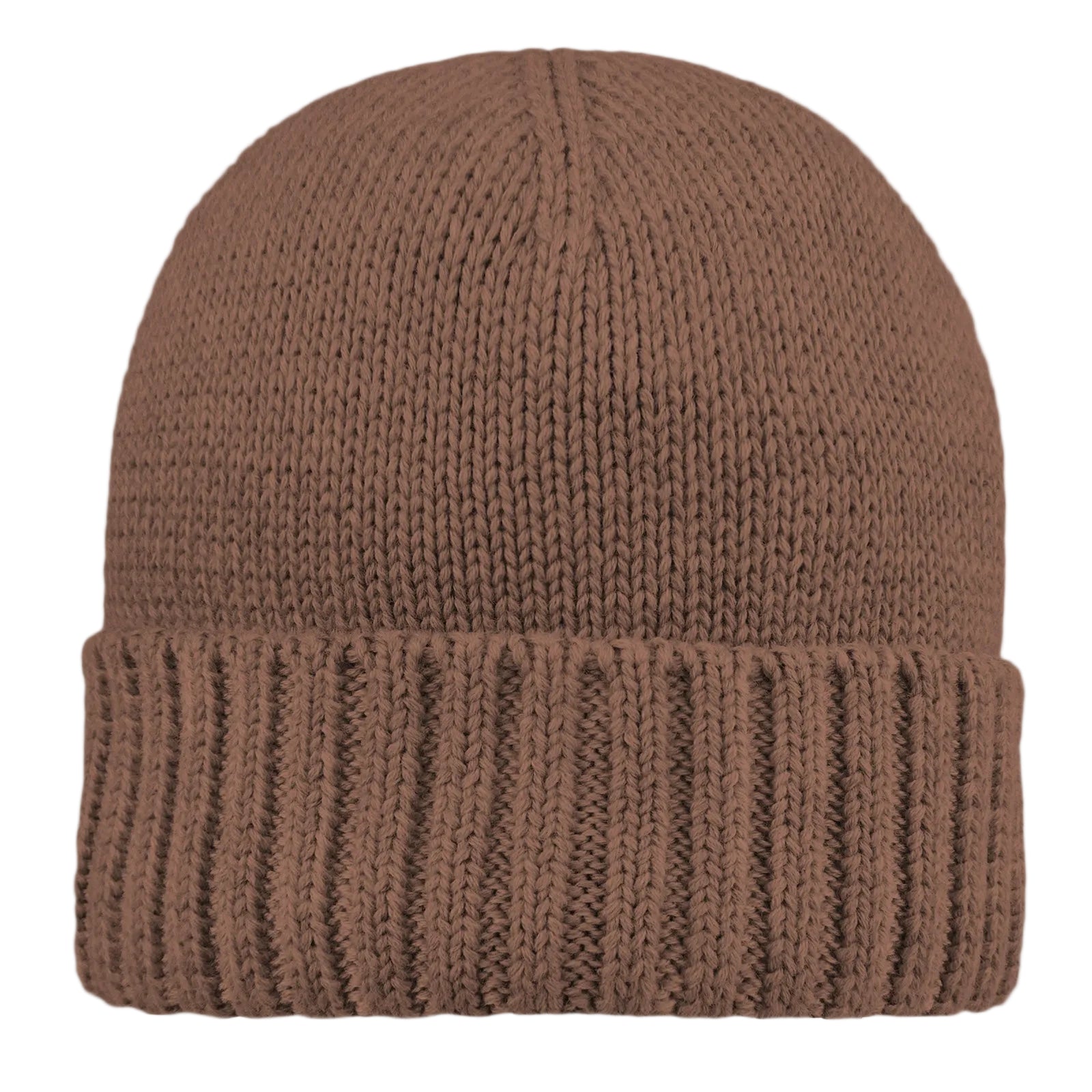 Brown knit beanie on a light gray background