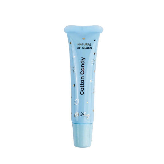 Blue lip gloss tube labeled 'Cotton Candy' on a white background
