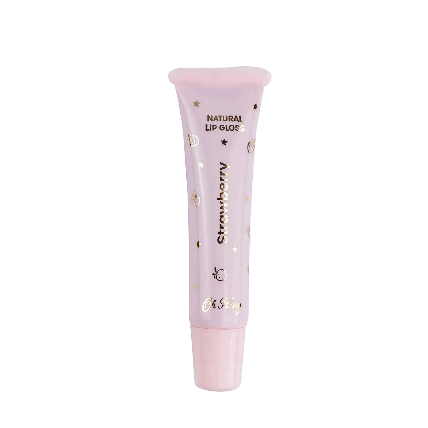 Pink lip gloss tube with gold text on a white background