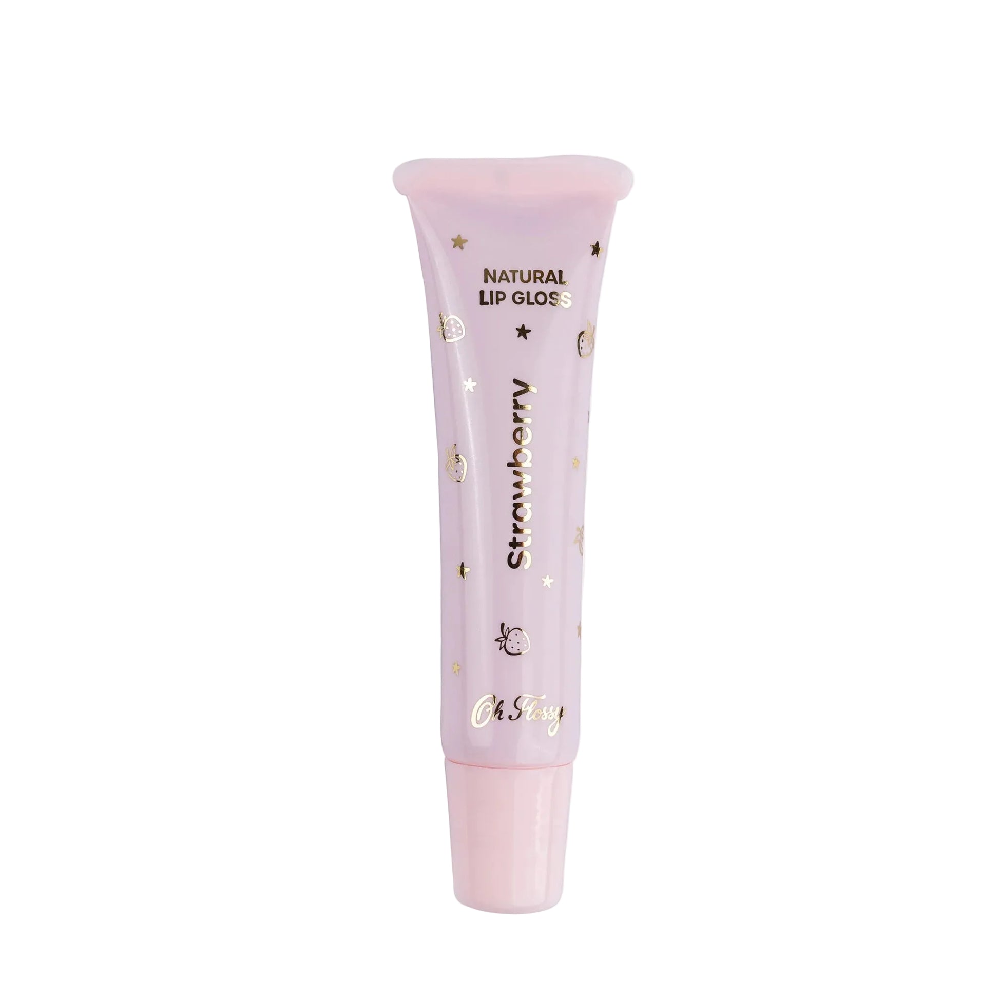 Pink lip gloss tube with gold text on a white background