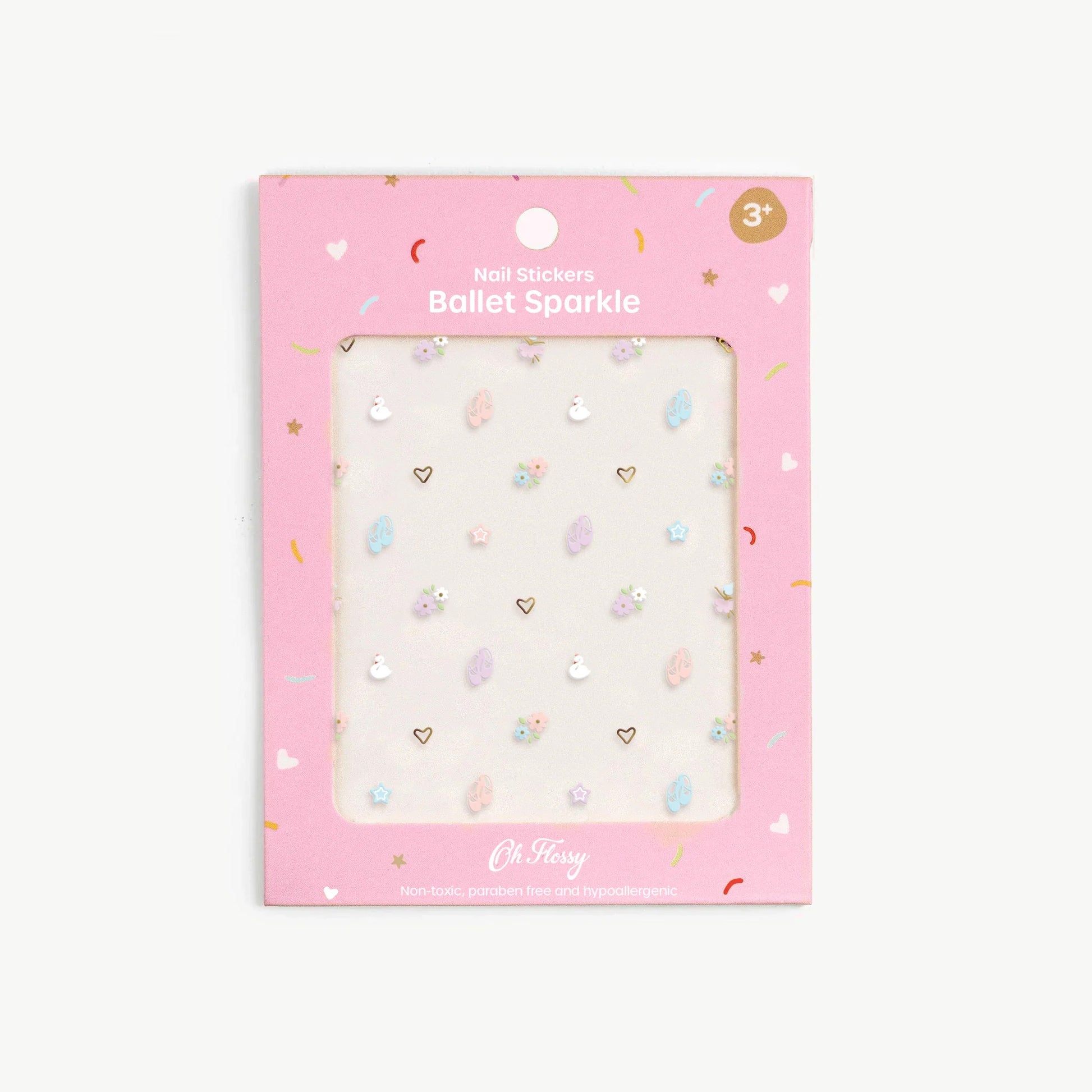 Packaged nail stickers with 'Ballet Sparkle' text on a pink background