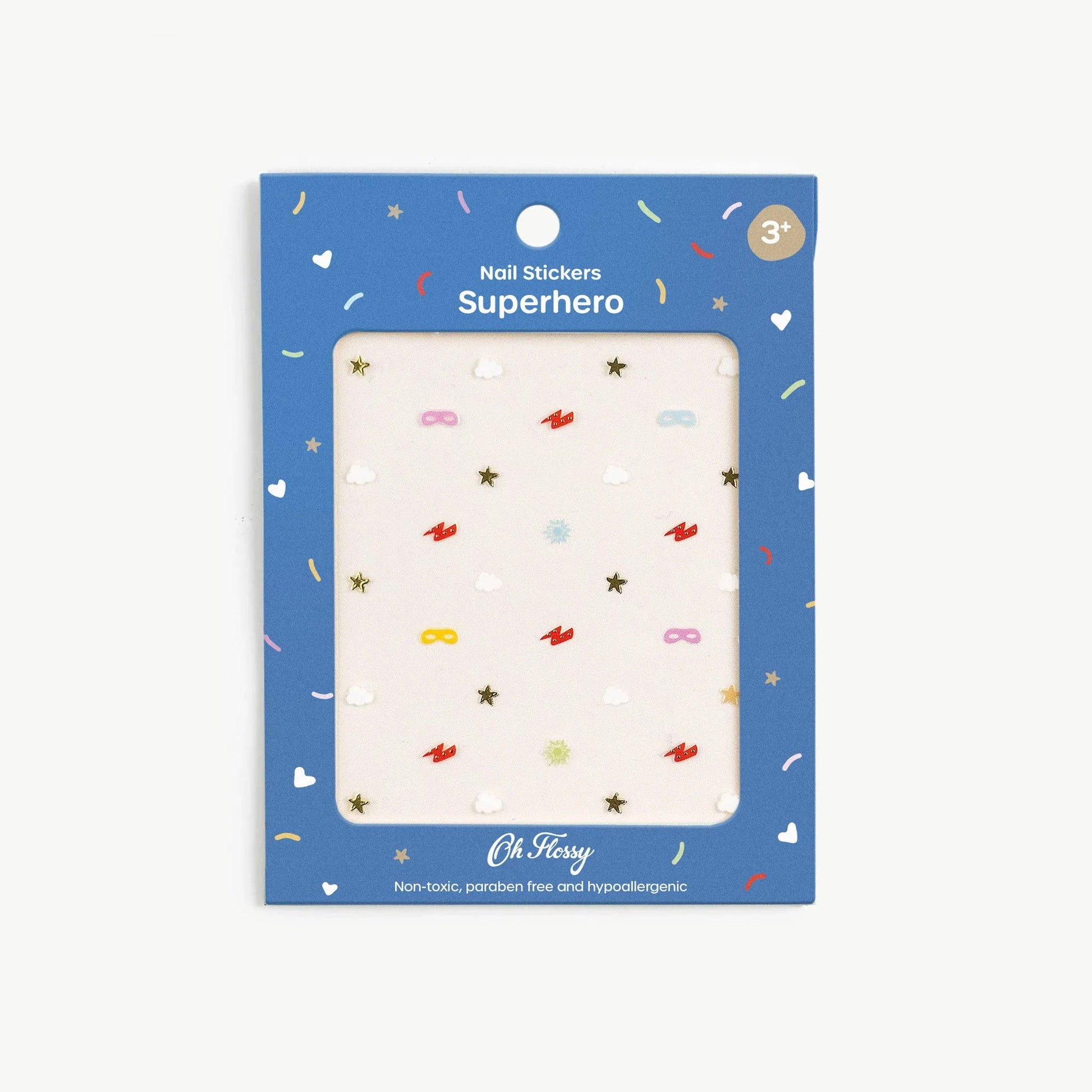 Packaging of superhero nail stickers with a blue background
