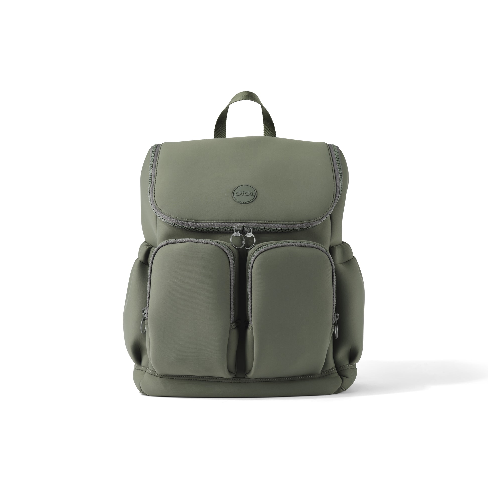 Green backpack on a white background