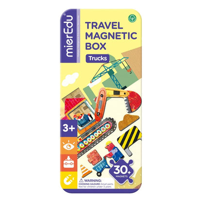 Travel magnetic box packaging with colorful truck illustrations on a yellow background
