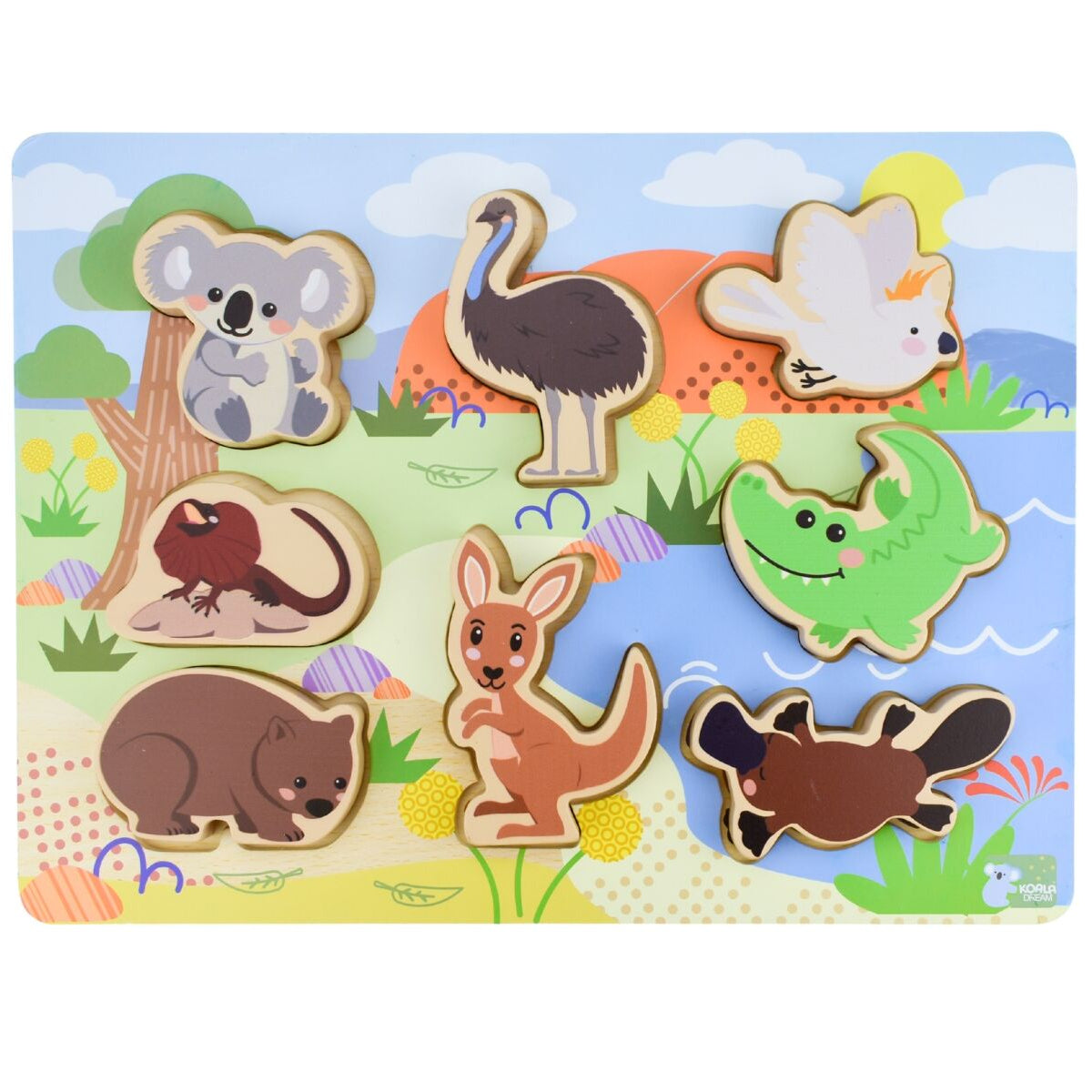 Wooden puzzle with Australian animals on a colorful background