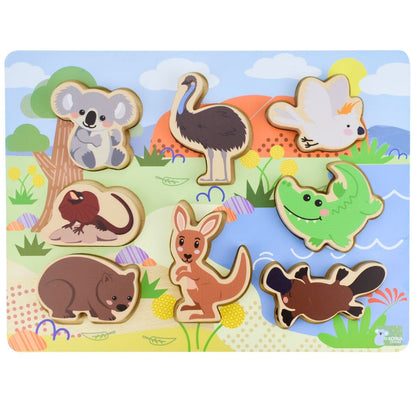 Wooden puzzle with Australian animals on a colorful background