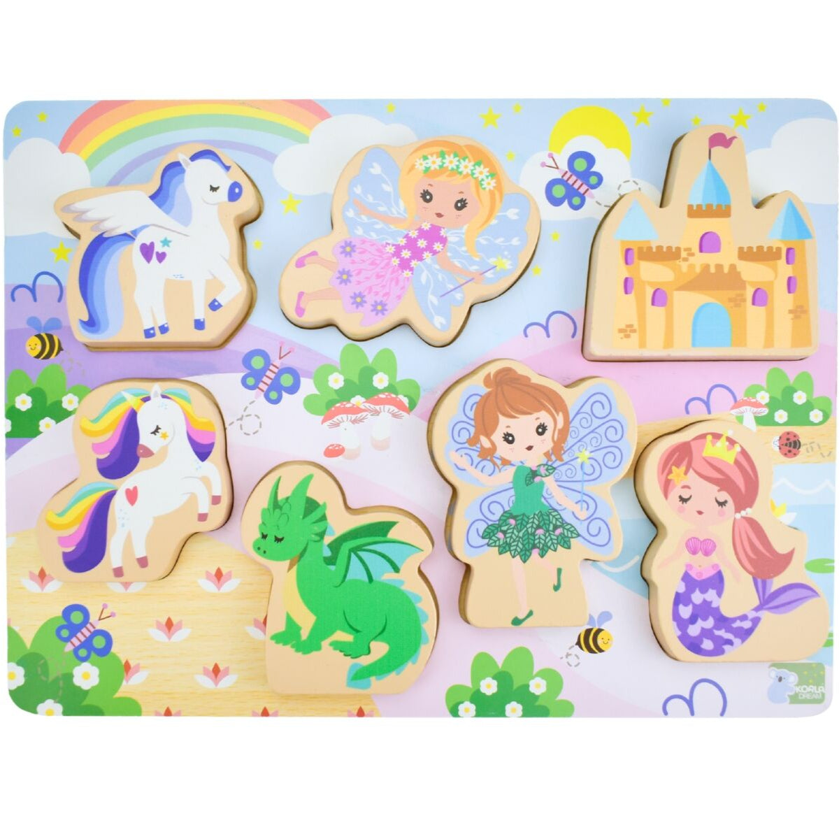 Children's puzzle with colorful fairy, unicorn, dragon, and castle designs on a pastel background.