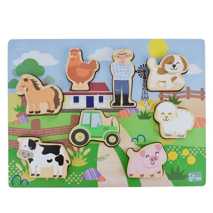 Children's farm-themed puzzle with wooden farm animals and figures on a colorful background