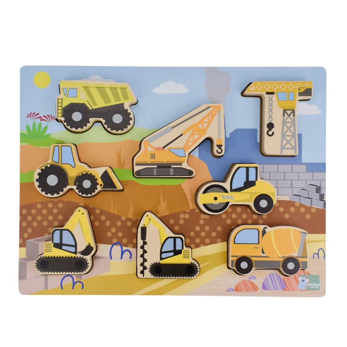 Children's puzzle with construction vehicle figures on a colorful background