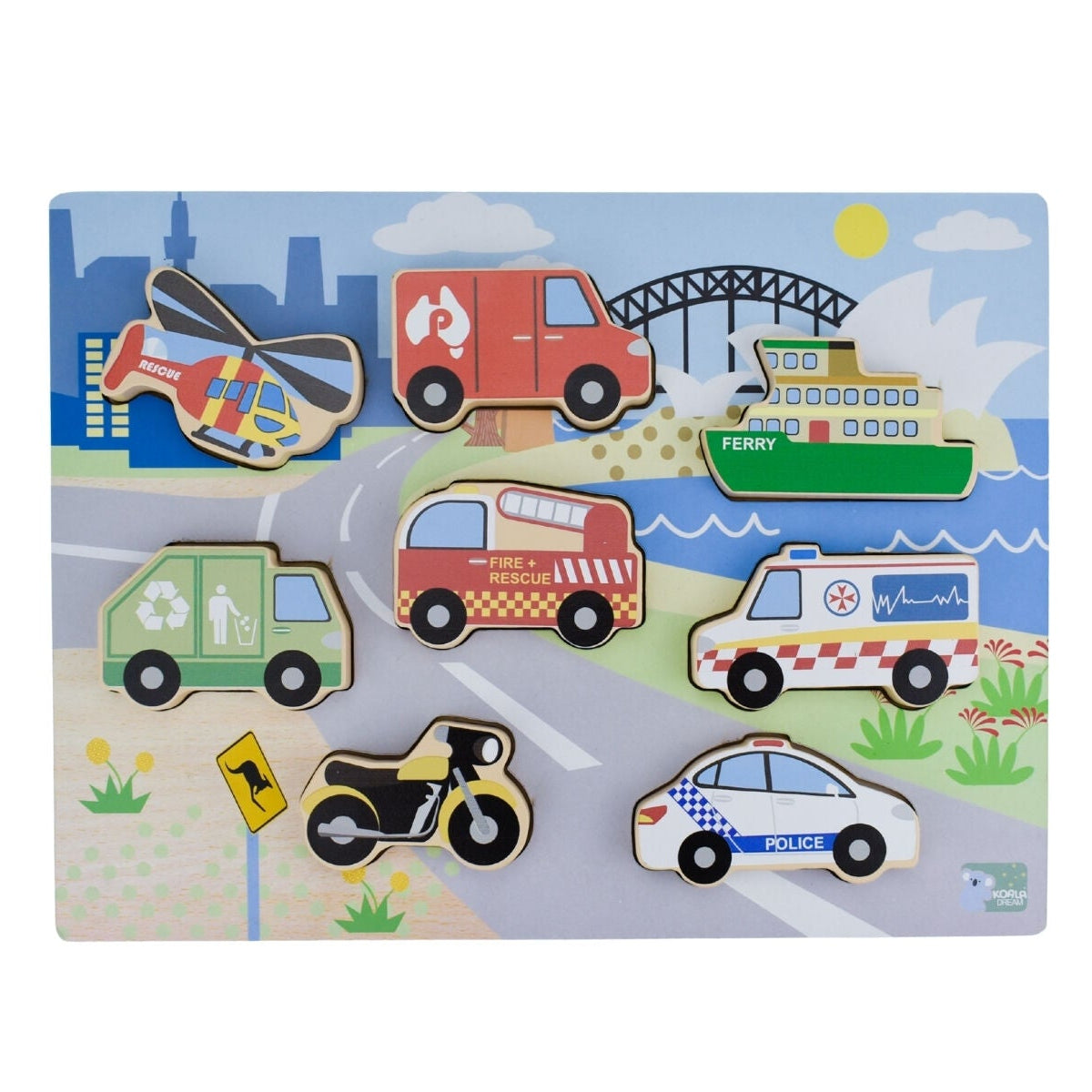 Children's puzzle with various vehicles on a road background