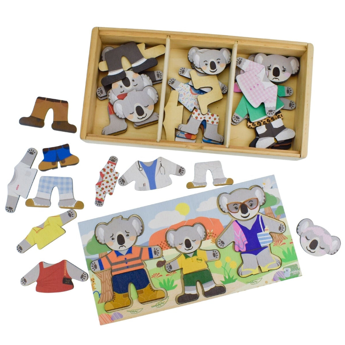 Wooden toy set with koala figures and clothing pieces on a white background