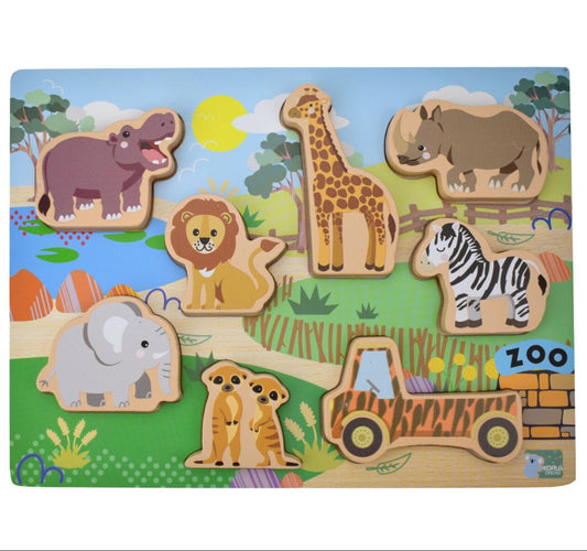 Wooden puzzle with animal figures on a colorful background