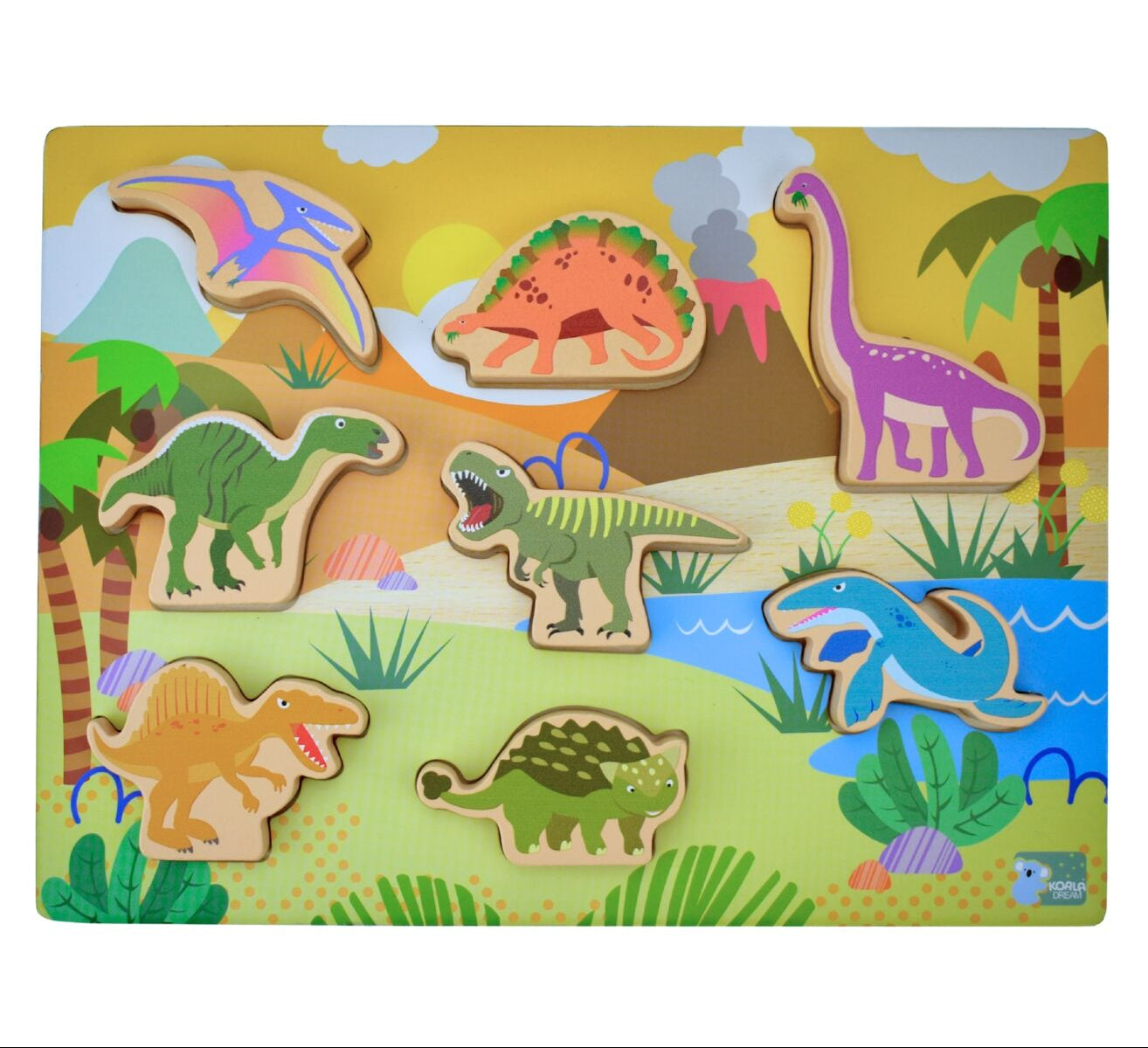Wooden puzzle with dinosaur figures on a colorful background