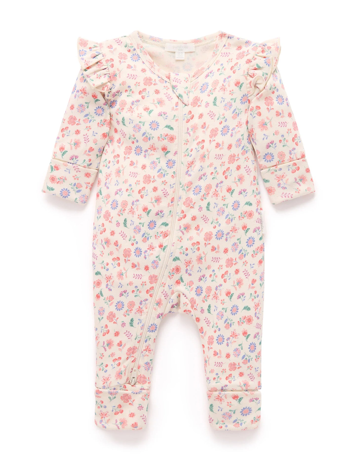 Floral patterned baby onesie on a white background