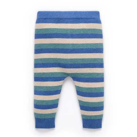 Blue and beige striped baby leggings on a white background