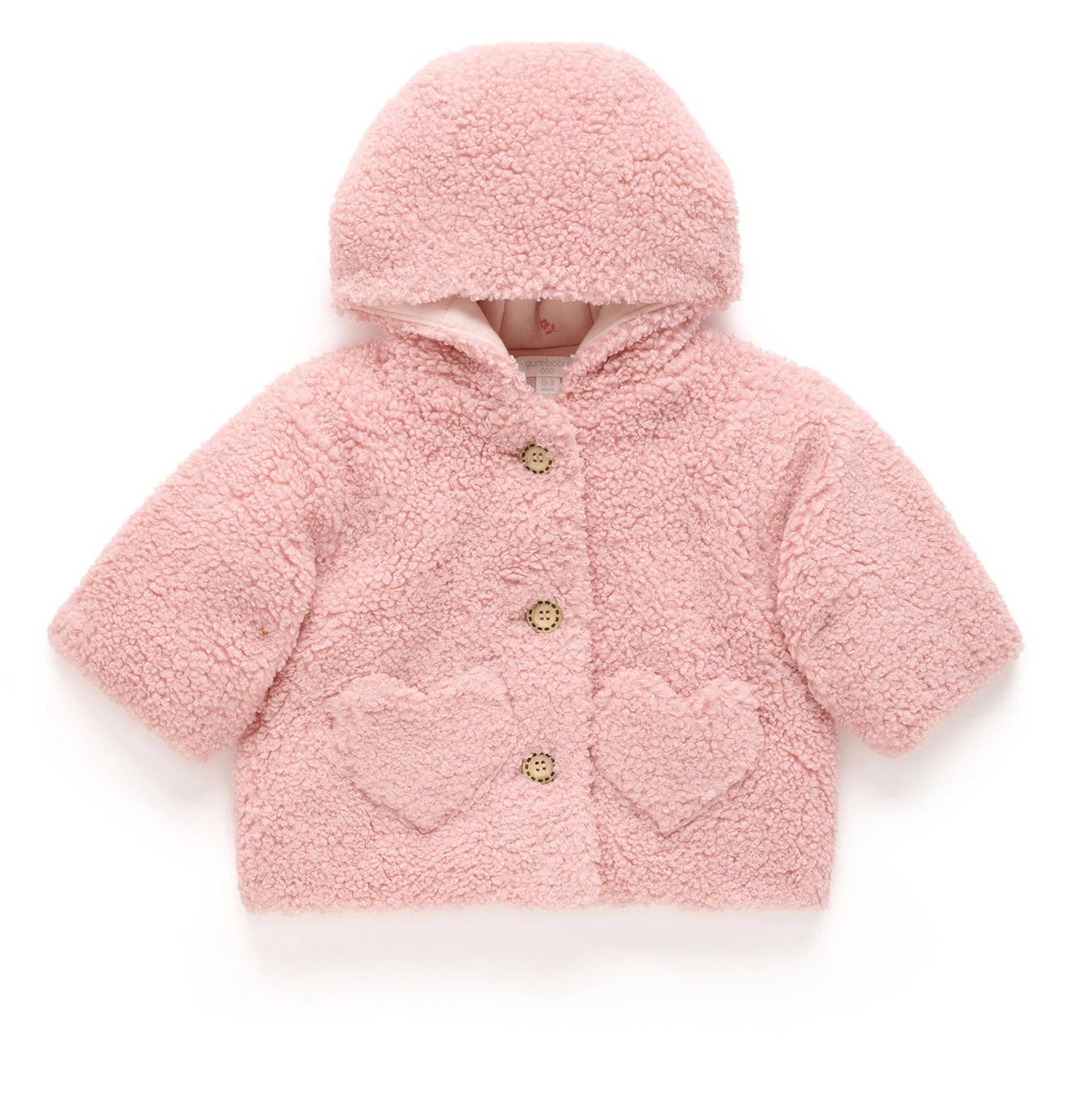 Pink baby coat with heart designs on a white background