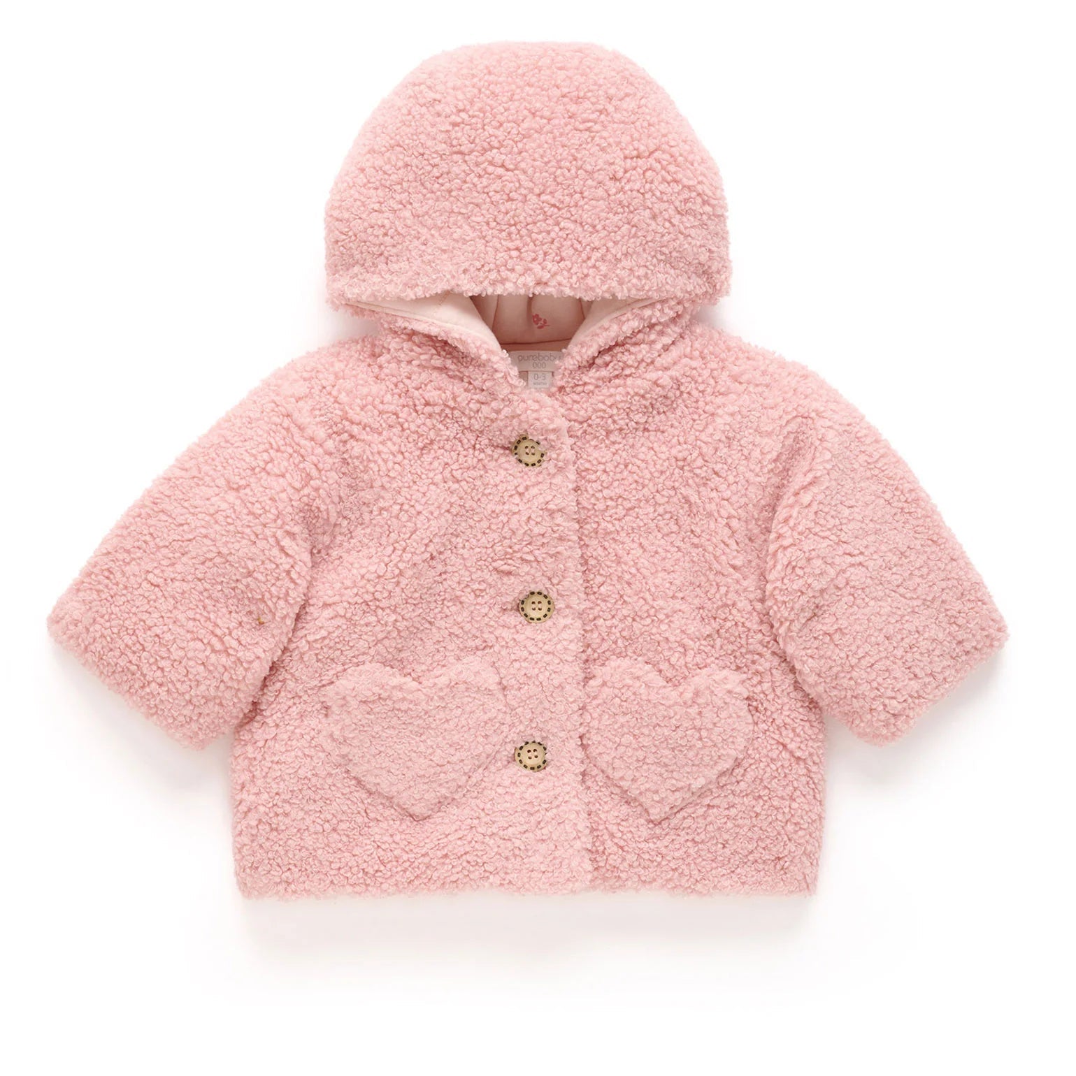 Pink baby coat with heart designs on a white background