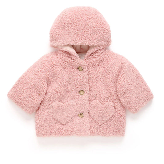 Pink baby coat with heart designs on a white background