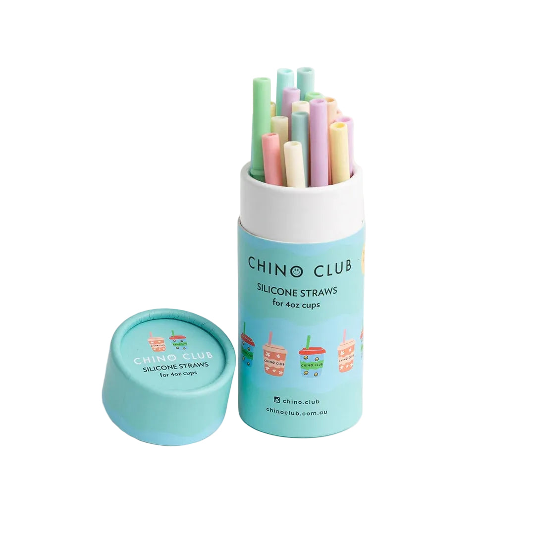 Tube of colorful silicone straws with 'Chino Club' branding on a white background
