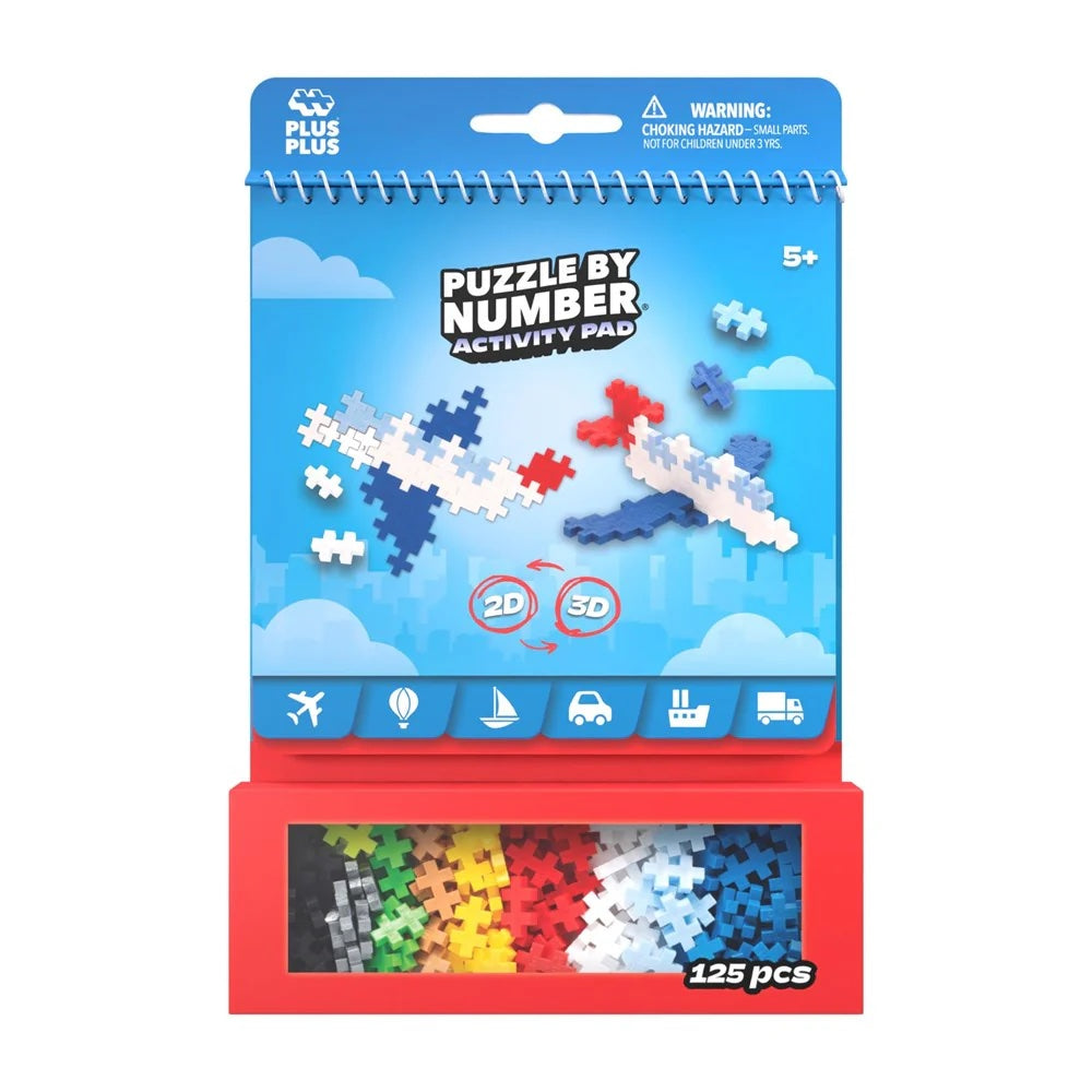 Plus Plus Puzzle by Number Activity Pad packaging with colorful puzzle pieces on a white background