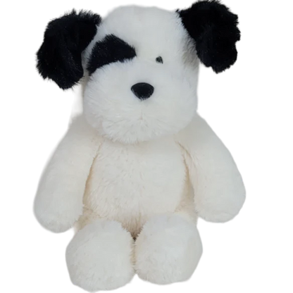 White plush dog toy with black ears on a white background