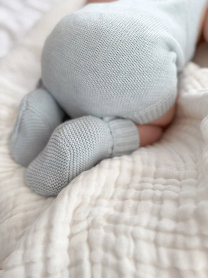 BLOSSOM AND PEAR KNIT BOOTIES | POWDER BLUE