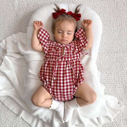 BLOSSOM AND PEAR FLUTTER SLEEVE ROMPER | RED GINGHAM
