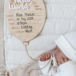 Wooden Balloon Birth Announcement Disc - Hello World