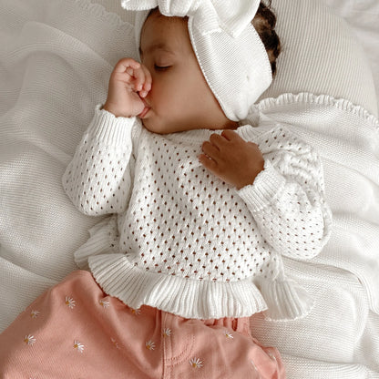 BLOSSOM AND PEAR CROCHET LONG SLEEVE FRILL TOP | MILK