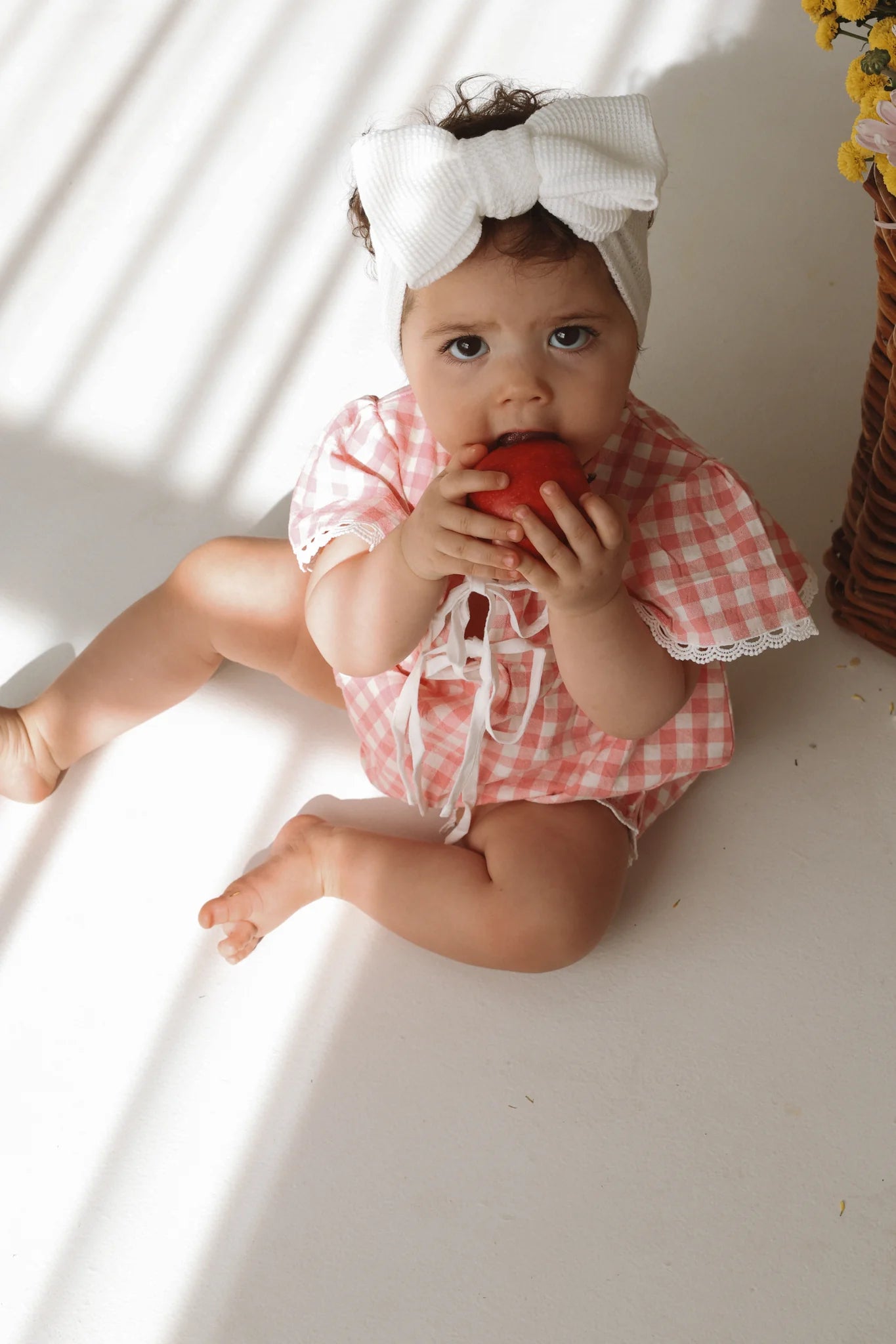 BLOSSOM AND PEAR DOROTHY FLUTTER SLEEVE ROMPER | PINK GINGHAM