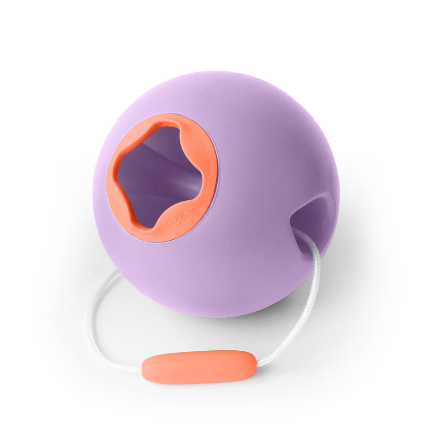 Purple and orange ball-shaped toy with a string on a white background