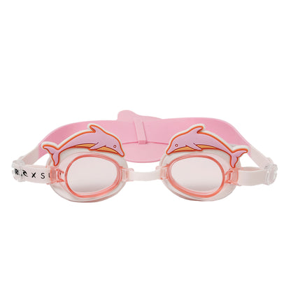 Pink swim goggles with dolphin designs on a light gray background