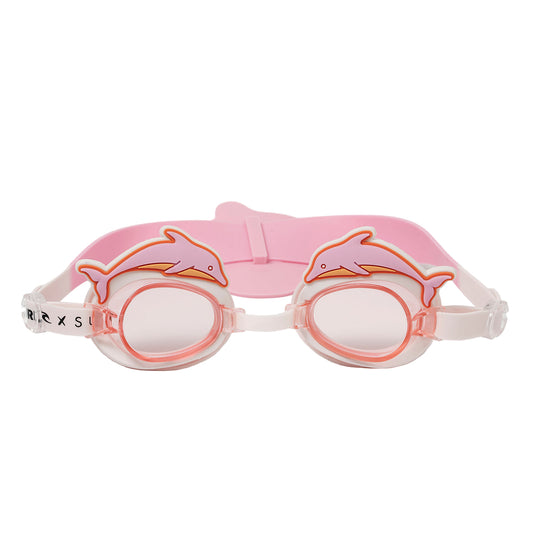 Pink swim goggles with dolphin designs on a light gray background